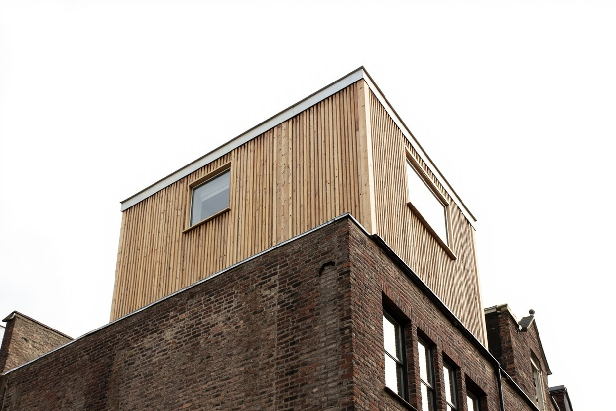 Een voorbeeld van hoe dakopbouw op de bestaande woning eruitziet, gefotografeerd bij vlak Nederlands daglicht.
