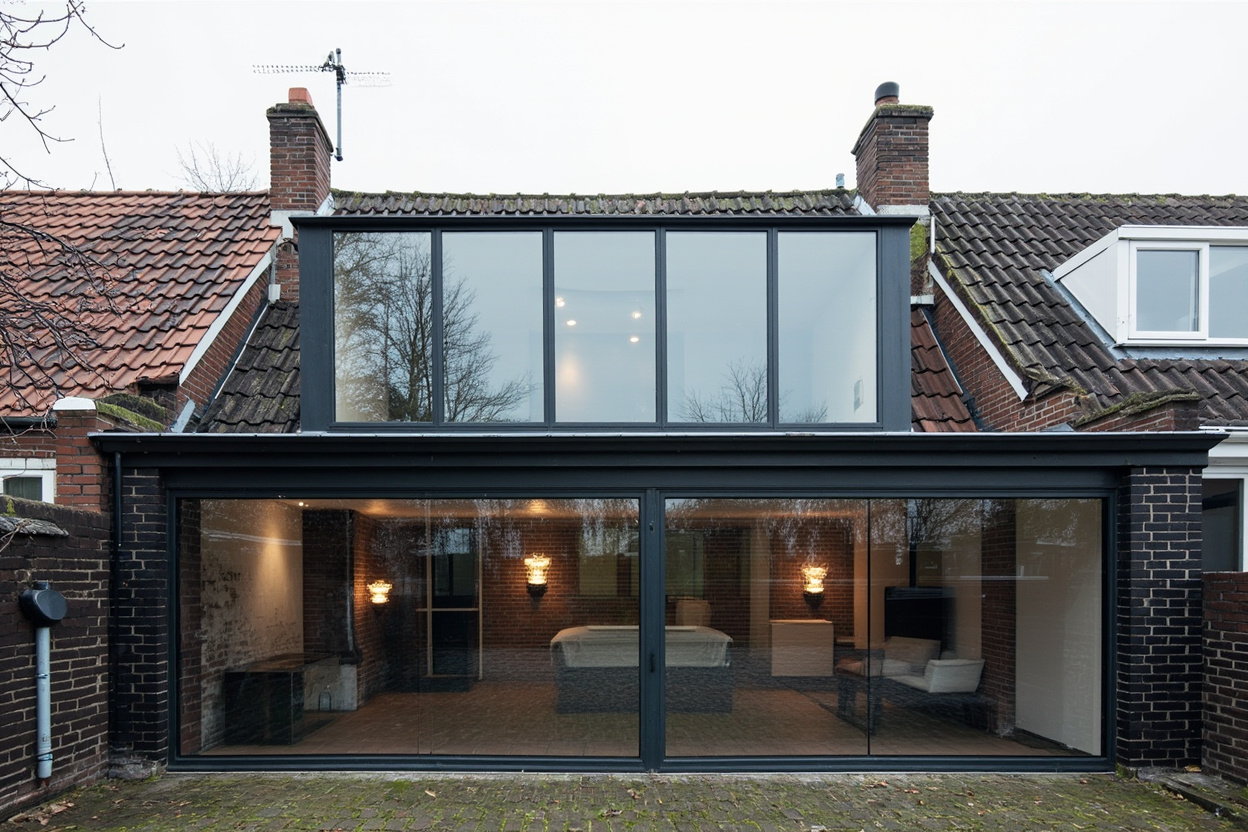 Een voorbeeld van hoe uitbouw over de volle breedte eruitziet, gefotografeerd bij vlak Nederlands daglicht.